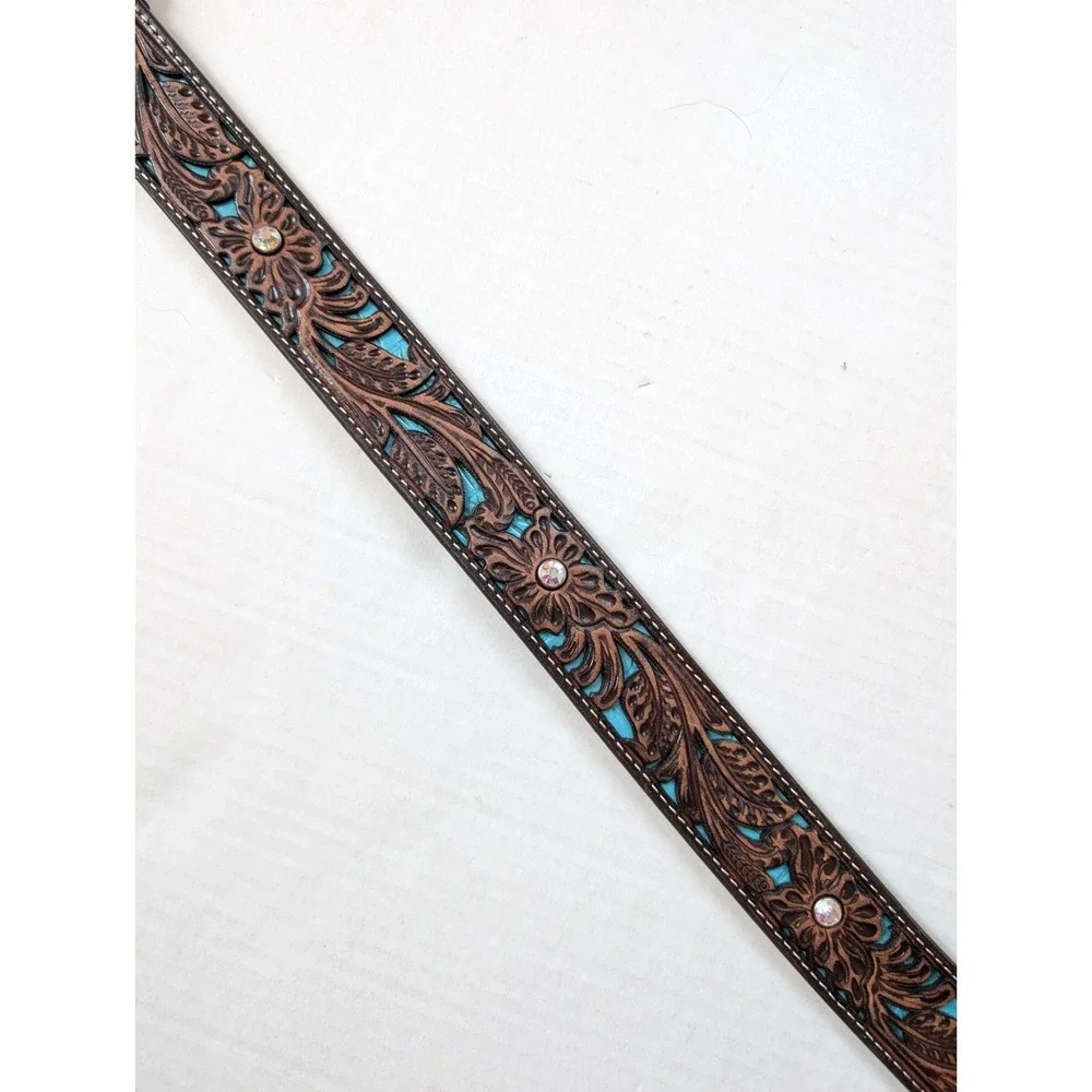 Womens Ariat Leather Belt Size Medium Brown Turquoise Inlay Floral Tooled